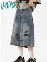 Lunivop Women’s Fun Graffiti Patterns Wide Leg Blue Denim Shorts Unisex Style Capris Summer